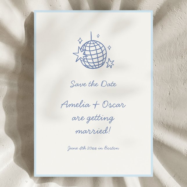 Blue Disco Ball Doodle Simple Fun Script Wedding Save The Date (Von Creator hochgeladen)