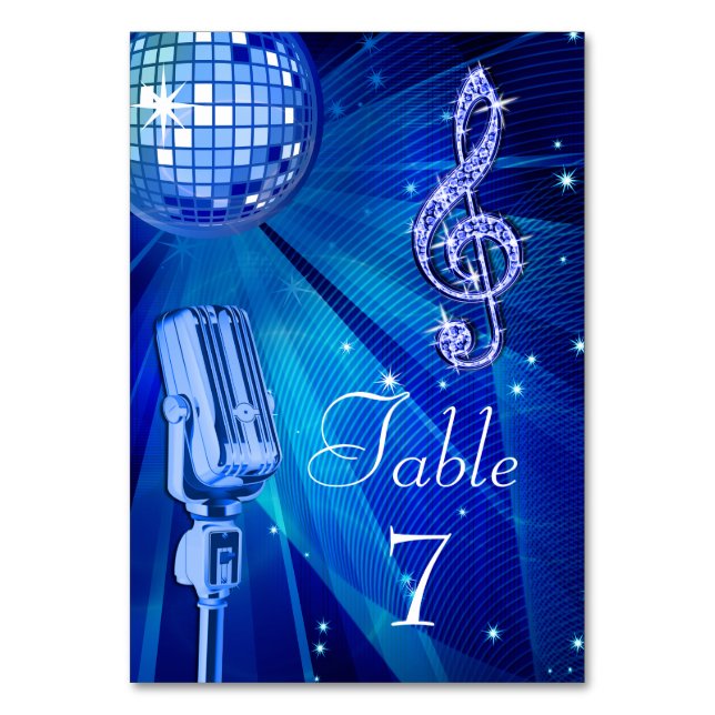 Blue Disco Ball und Retro Microphon Tischnummer (Vorderseite)
