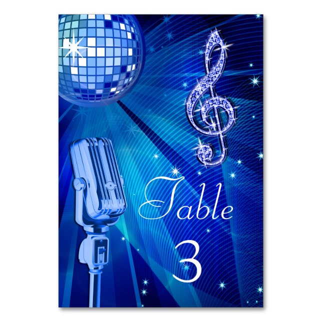 Blue Disco Ball und Retro Microphon Tischnummer (Rückseite)