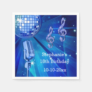 Blue Disco Ball und Retro Microphone 18. Geburtsta Serviette