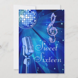 Blue Disco Ball und Retro Microphone Sweet 16 Einladung