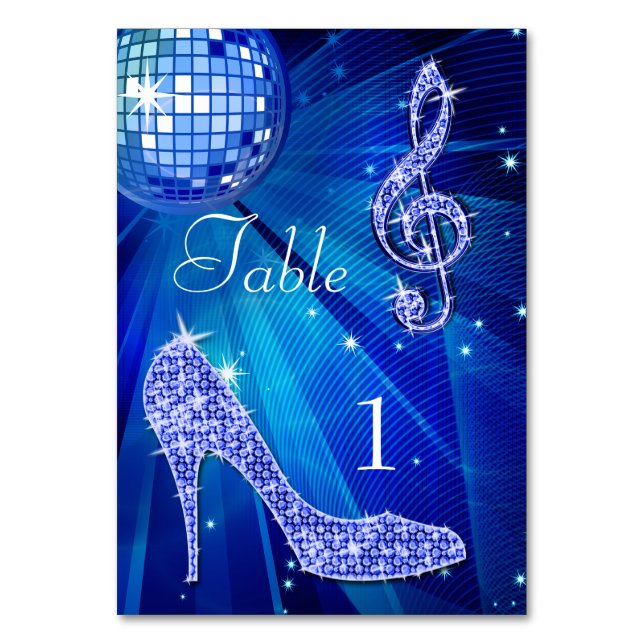 Blue Disco Ball und Stiletto Shoe Doppelseitig Tischnummer (Vorderseite)