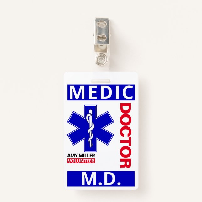 Blue Doctor Print Individuelle Name Freiwilliger M Ausweis (Vorderseite mit Klammer)