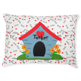Blue Dog House Red Hearts White Bones Personalisie Haustierbett