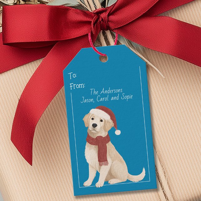 Blue Dog Illustration Weihnachtsmannmütze Weihnach Geschenkanhänger (Blue Dog Illustration Santa Hat Christmas Gift Tag)