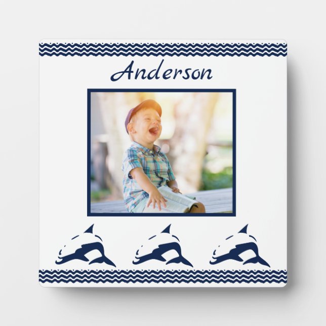 Blue Dolphin Nautical Navy Photo Frame Fotoplatte (Vorderseite)