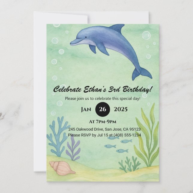 Blue Dolphin & Ocean Garden Illustration Birthday  Einladung (Vorderseite)