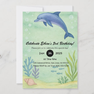 Blue Dolphin & Ocean Garden Illustration Birthday  Einladung