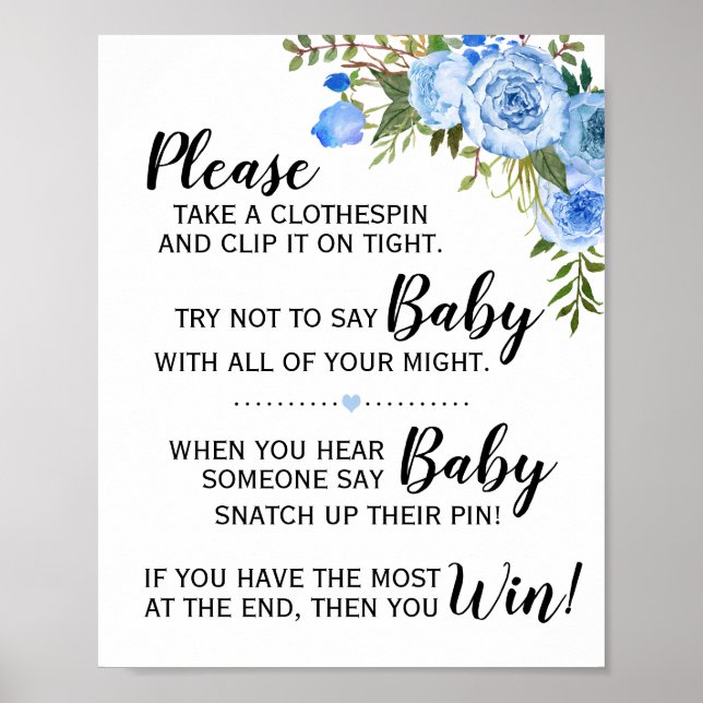 Blue Don't say baby game baby dusche sign Poster (Vorne)