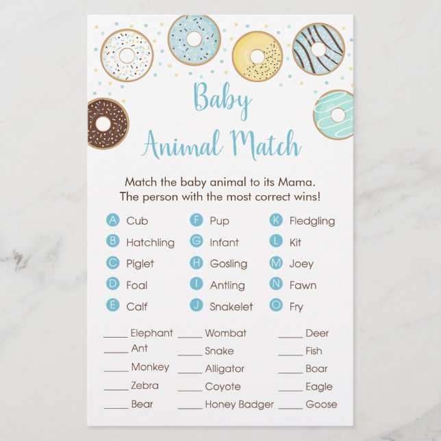 Blue Donut Baby Shower Animal Match Game (Vorderseite)