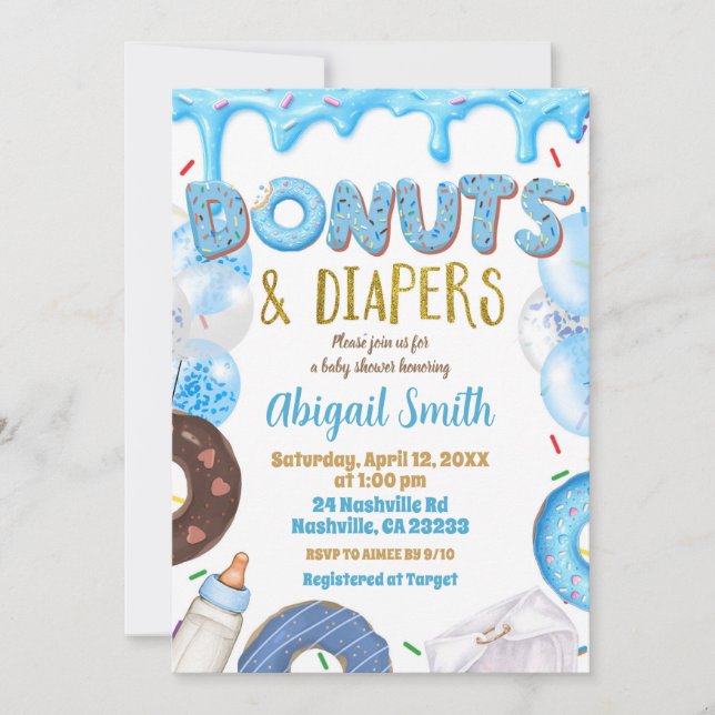 Blue Donuts and Diapers baby shower  Einladung (Vorderseite)
