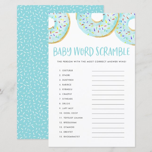 Blue Donuts Baby Word Scramble Baby Showspiel (Vorne/Hinten)