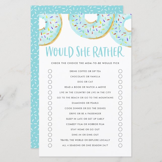 Blue Donuts würde sie eher ein Baby Duschspiel (Vorne/Hinten)