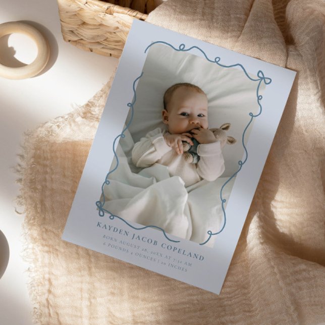 Blue Doodle Bows Frame Birth Announcement Foto Ankündigung (Von Creator hochgeladen)
