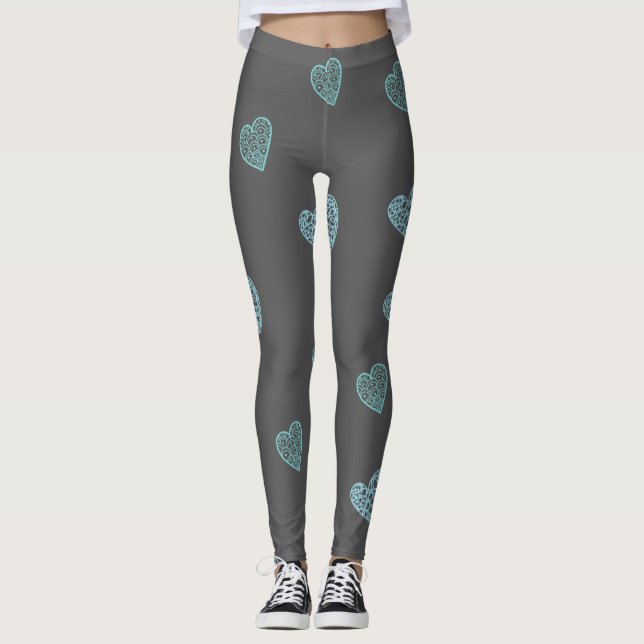 Blue Doodle Hearts Gray Leggings (Vorderseite)