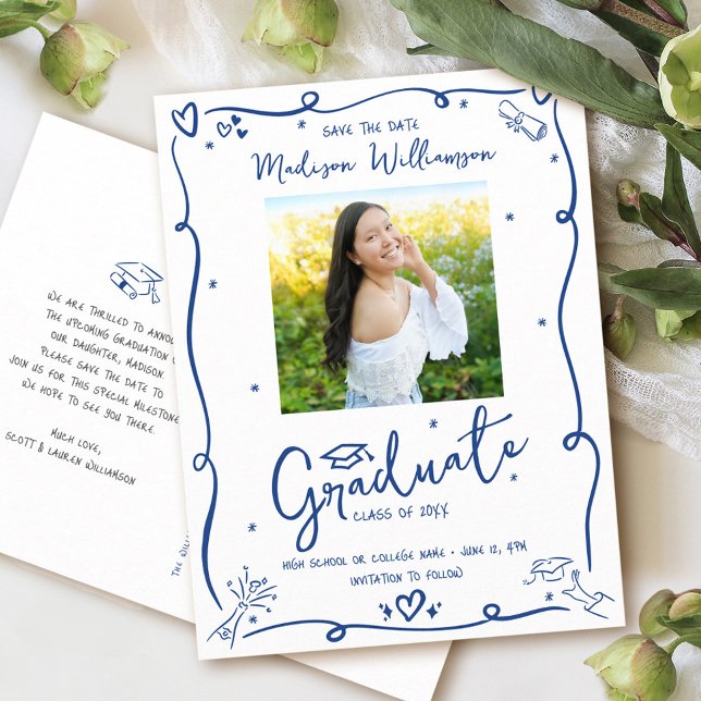 Blue Doodles Graduation Save the Date Photo White Einladungspostkarte (Von Creator hochgeladen)