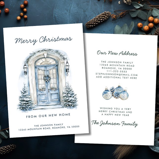 Blue Door Frohe Weihnachten von New Zuhause Ankündigung (Blue Front Door Merry Christmas from Our New Home Holiday Moving Announcement Flat Card)