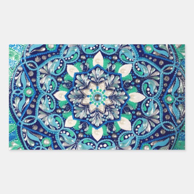 Blue dot art mandala rechteckiger aufkleber (Vorderseite)
