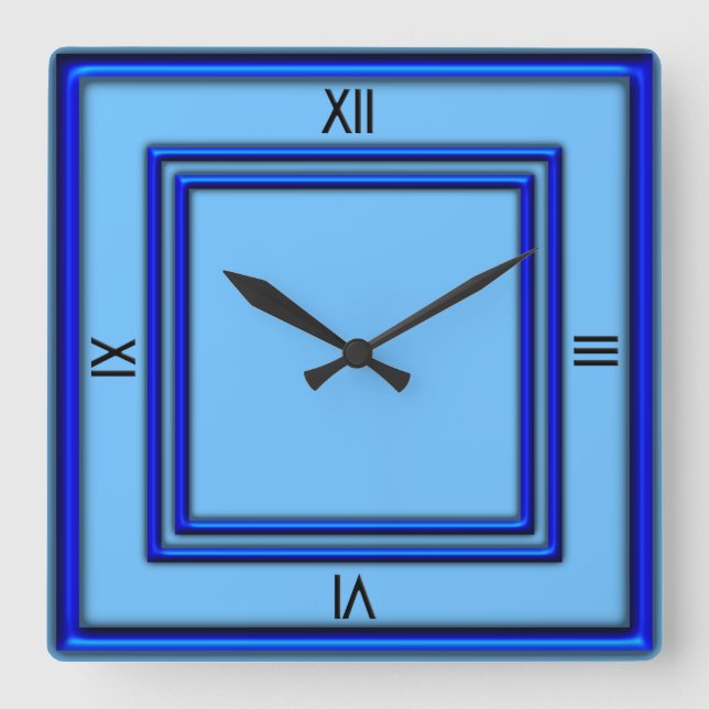Blue Double Frame 4 Black Numerals Quadratische Wanduhr (Vorderseite)