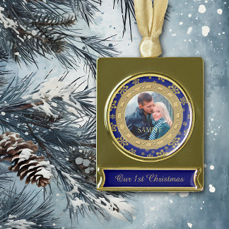 Blue Double Frame Snowflake Erste Weihnachten Banner-Ornament Gold