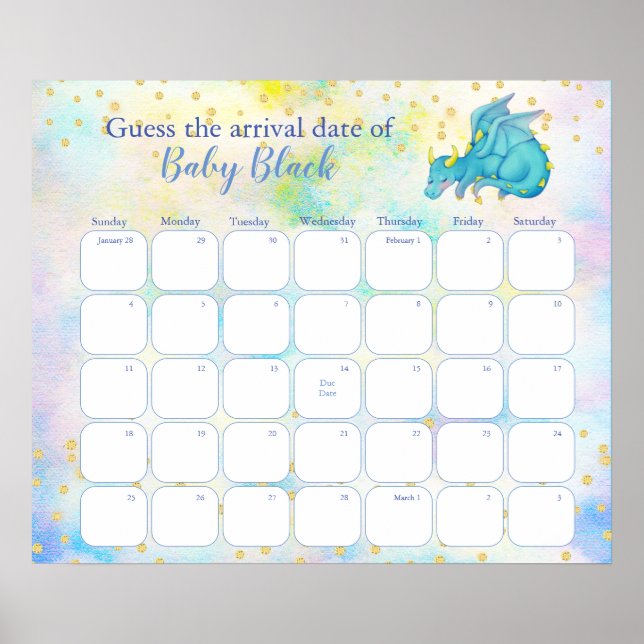 Blue Dragon Baby Shooting Due Date Kalender Poster (Vorne)