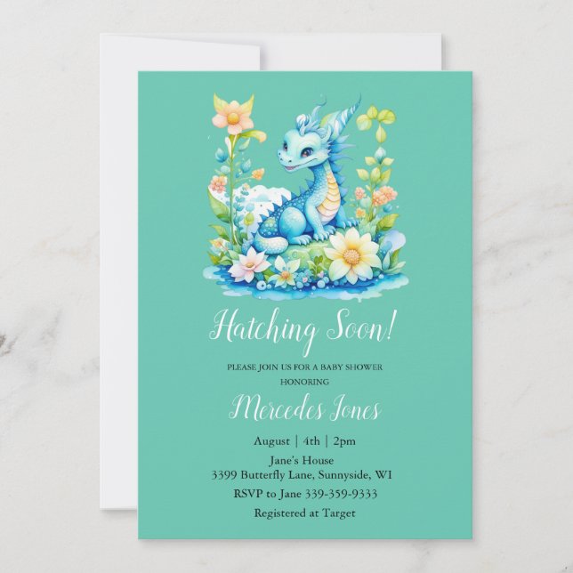 Blue Dragon Floral Hatching Bald Baby Dusche Einladung (Vorderseite)