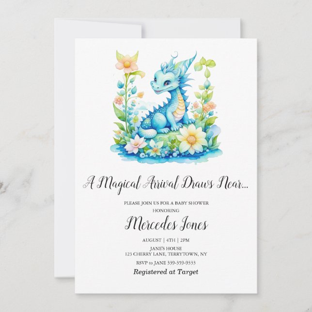 Blue Dragon Floral Magical Ankunft Baby Dusche Einladung (Vorderseite)