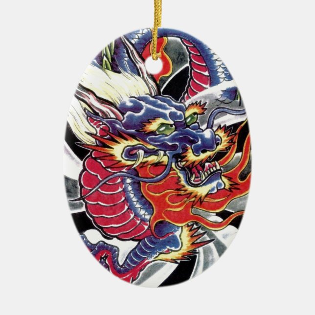 Blue Dragon Japanisches Tattoo-Design Keramik Ornament (Vorne)