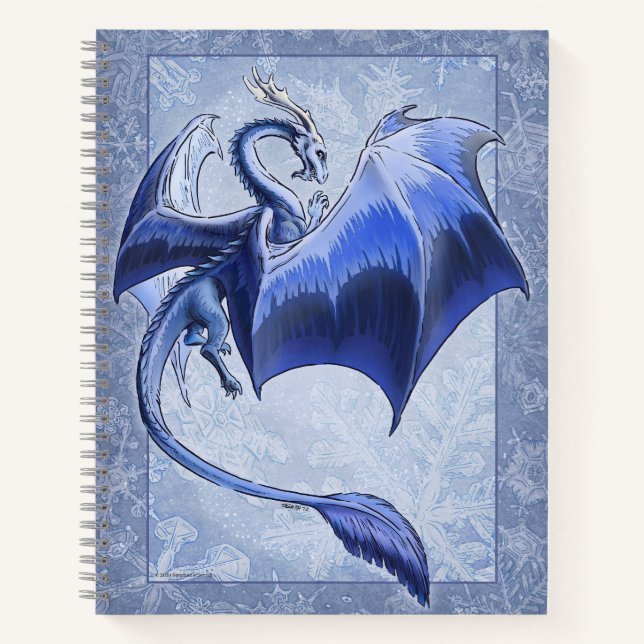 Blue Dragon of Winter Snowflakes Fantasy Art Notizbuch (Vorderseite)