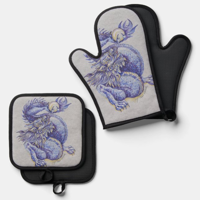 Blue Dragon Ofenhandschuh & Topflappen-Set (Vorderseite/Rückseite)