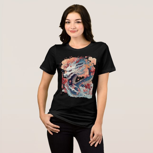 Blue Dragon with Blossoms and Clouds Tri-Blend Shirt (Vorderseite voll)