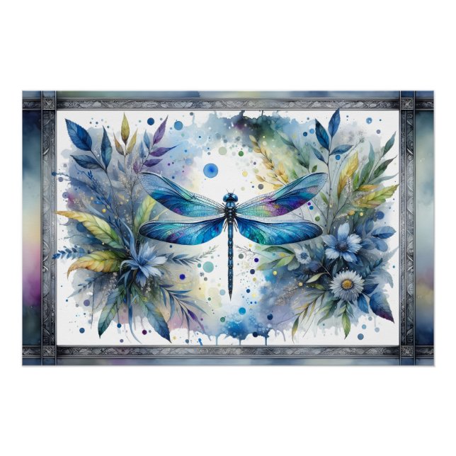 Blue Dragonfly Botanical Watercolor Poster (Vorderseite)
