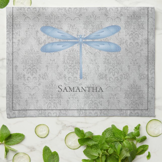 Blue Dragonfly Damask Geschirrtuch (Gefaltet)