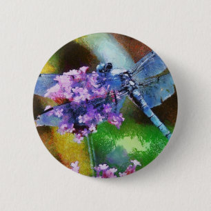 Blue Dragonfly on Wild Garlic Dot Art Button