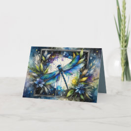 Blue Dragonfly Watercolor Botanical Karte