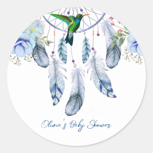 Blue Dreamcatcher Hummingbird Boy Baby Dusche Runder Aufkleber (Vorderseite)
