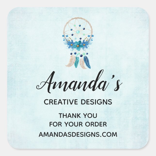 Blue Dreamcatcher Stylish Boho Design Business Quadratischer Aufkleber (Vorderseite)