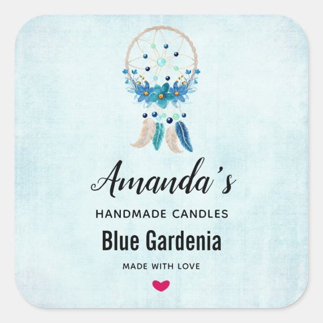Blue Dreamcatcher Stylish Boho Design Candle Quadratischer Aufkleber (Vorderseite)