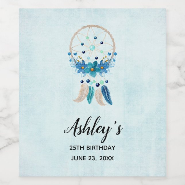 Blue Dreamcatcher Stylish Boho Design Geburtstag Weinetikett (Einzelnes Label)