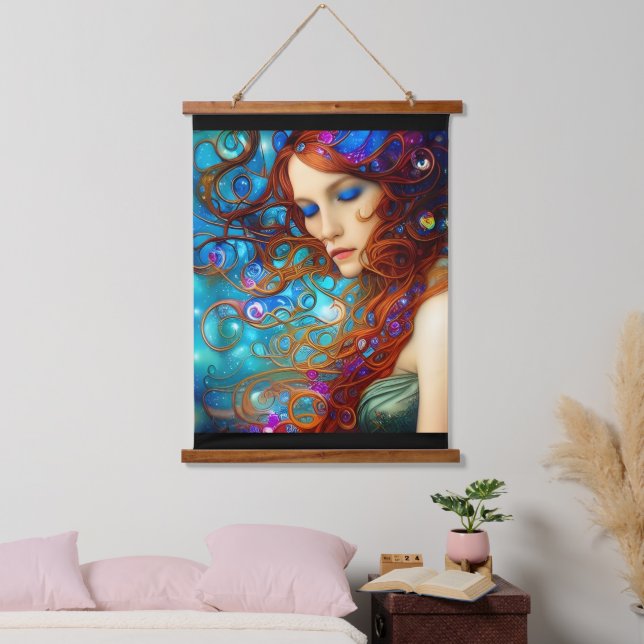 Blue Dreams Schöne Frauen Digitale Kunst Wandteppich Mit Holzrahmen (Schlafzimmer)