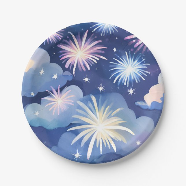 Blue Dreamy Clouds | Firework Stars Watercolor Pappteller (Vorderseite)