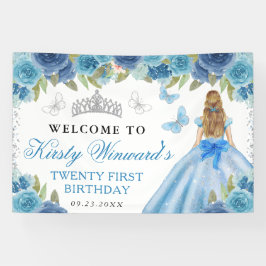 Blue Dress Blonde Hair Princess Floral Birthday Banner
