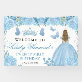 Blue Dress Blonde Haired Princess Floral Birthday Banner