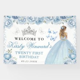 Blue Dress Blonde Princess Floral Birthday Banner