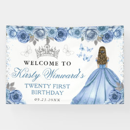 Blue Dress Blonde Princess Floral Birthday Banner