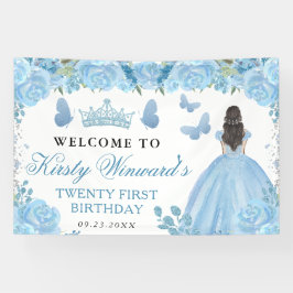 Blue Dress Brunette Princess Floral Birthday Banner
