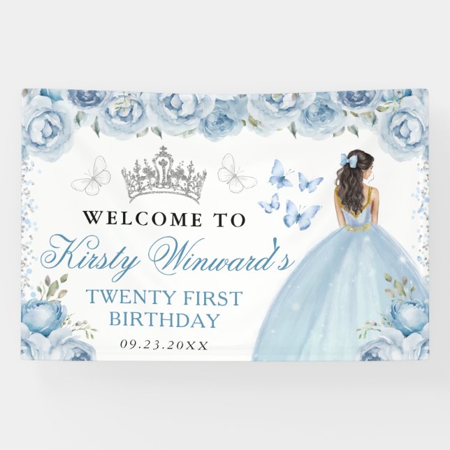Blue Dress Brunette Princess Floral Birthday Banner (Horizontal)