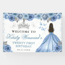 Blue Dress Brunette Princess Floral Birthday Banner