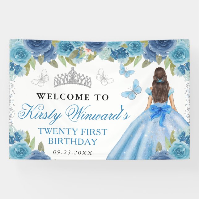 Blue Dress Brunette Princess Floral Birthday Banner (Horizontal)