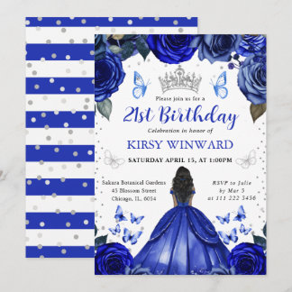 Blue Dress Dark Skin Princess Birthday Einladung